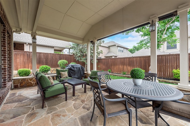 7817 Harvest Hill Ln, Mckinney, TX 75071 - view of patio / terrace with a fenced backyard, grilling area, and outdoor dining area