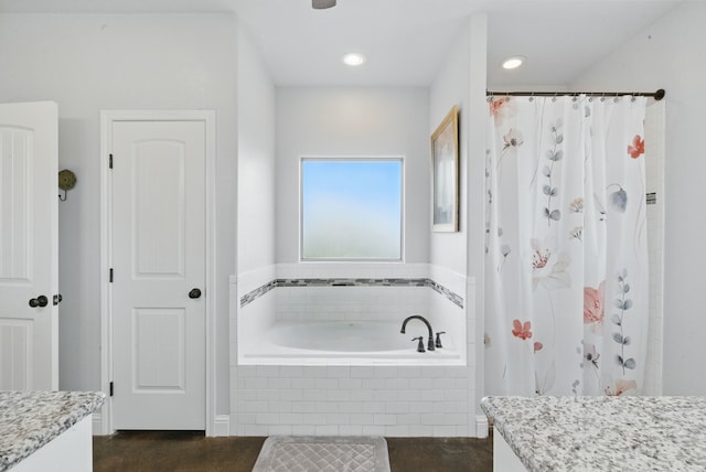 full bathroom with vanity, a garden tub, a shower with shower curtain, and recessed lighting