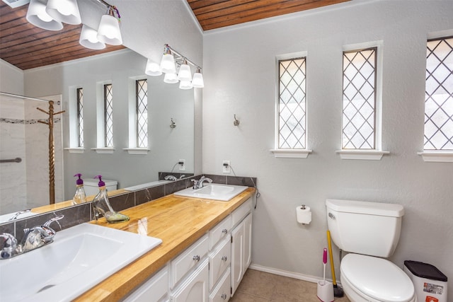 1916 N Lake Trl, Denton, TX 76201 - bathroom featuring plenty of natural light, toilet, wood ceiling, tiled shower, and tile patterned flooring