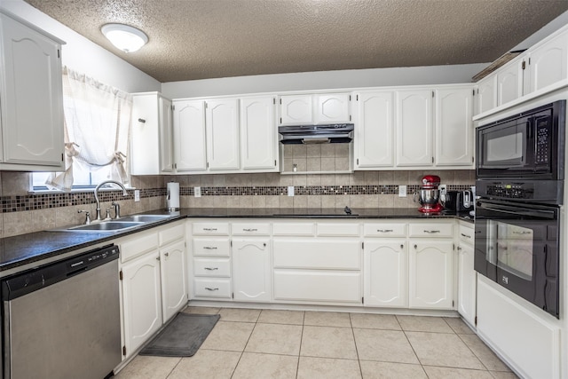 1916 N Lake Trl, Denton, TX 76201 - kitchen with black appliances, a sink, under cabinet range hood, dark countertops, and a textured ceiling