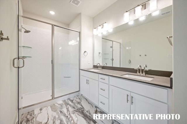 4716 Smokey Quartz Ln, Arlington, TX 76005 - full bathroom with a stall shower, marble look tile flooring, double vanity, and recessed lighting
