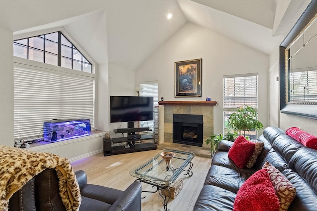 449 Harris St Unit 102D, Coppell, TX 75019 - living area featuring vaulted ceiling, a fireplace, wood finished floors, and baseboards