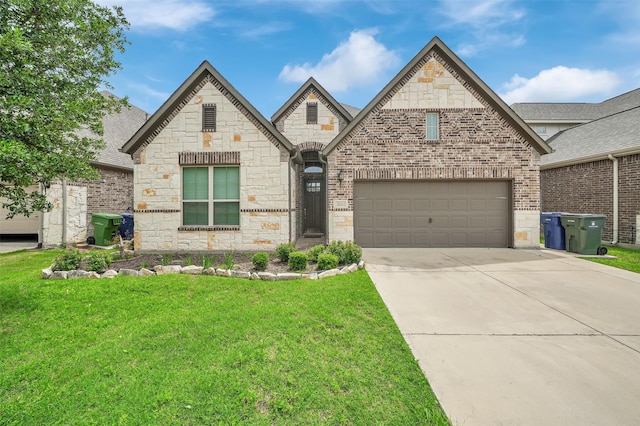 french country inspired facade with stone siding, a front yard, concrete driveway, and brick siding
