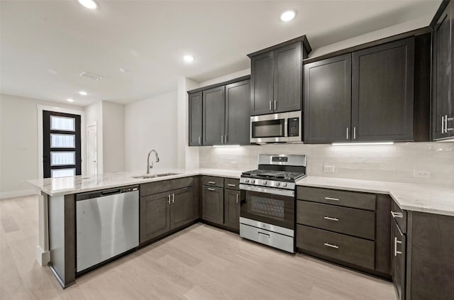 4732 Smokey Quartz Ln, Arlington, TX 76005 - kitchen featuring stainless steel appliances, a sink, a peninsula, light wood finished floors, and backsplash