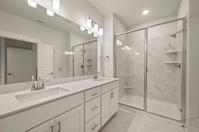 4732 Smokey Quartz Ln, Arlington, TX 76005 - bathroom featuring a marble finish shower, marble look tile flooring, double vanity, and recessed lighting