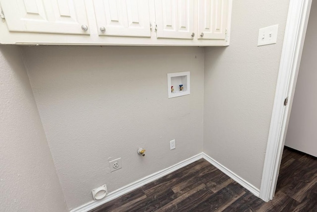 1017 Westminster Ln, Garland, TX 75040 - clothes washing area featuring dark wood-type flooring, washer hookup, cabinet space, electric dryer hookup, and baseboards