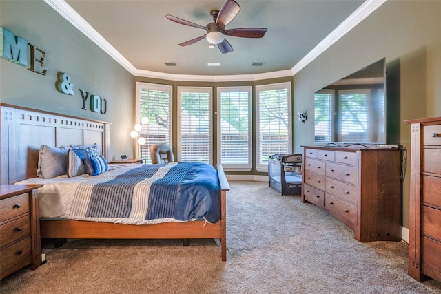 1615 San Andres Dr, Frisco, TX 75033 - bedroom featuring light carpet, multiple windows, ornamental molding, and ceiling fan