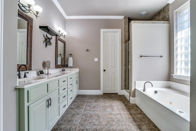 1615 San Andres Dr, Frisco, TX 75033 - full bath featuring an enclosed shower, healthy amount of natural light, double vanity, a whirlpool tub, and ornamental molding