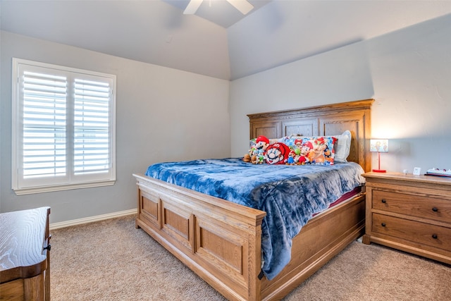 1615 San Andres Dr, Frisco, TX 75033 - bedroom with light colored carpet, baseboards, lofted ceiling, and ceiling fan