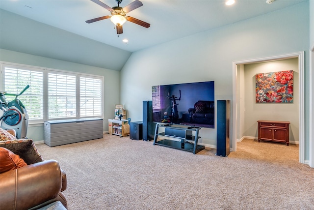 1615 San Andres Dr, Frisco, TX 75033 - living area with ceiling fan, carpet, vaulted ceiling, baseboards, and recessed lighting