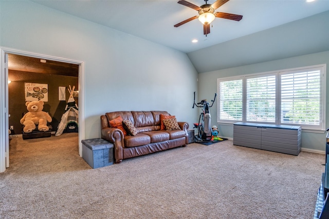 1615 San Andres Dr, Frisco, TX 75033 - living room featuring a ceiling fan, carpet floors, lofted ceiling, recessed lighting, and baseboards