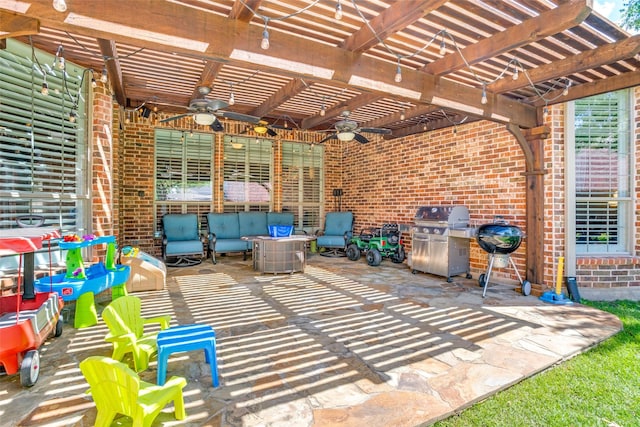 1615 San Andres Dr, Frisco, TX 75033 - view of patio with a ceiling fan, a grill, a pergola, and an outdoor living space