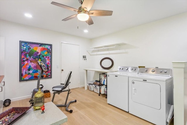 3020 N 43rd St, Waco, TX 76710 - laundry room featuring independent washer and dryer, light wood finished floors, ceiling fan, baseboards, and recessed lighting
