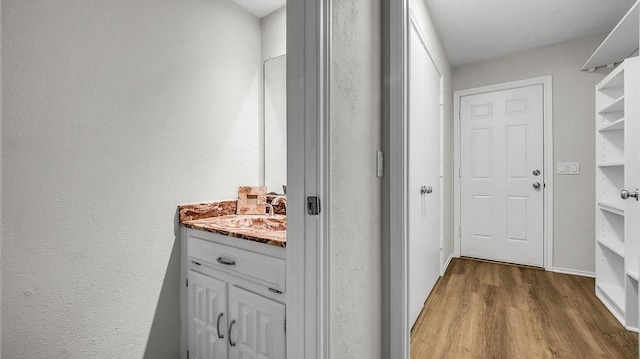 hallway featuring wood finished floors and a sink