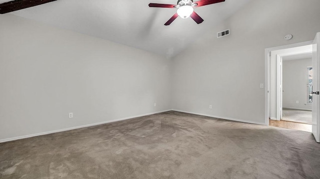 unfurnished room with carpet, ceiling fan, baseboards, a smoke detector, and high vaulted ceiling
