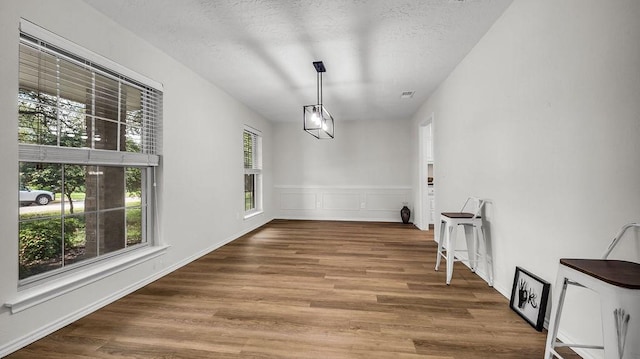 unfurnished dining area with wood finished floors, a textured ceiling, and wainscoting