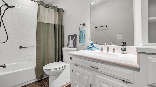 full bathroom with toilet, shower / tub combo with curtain, vanity, and tile patterned floors
