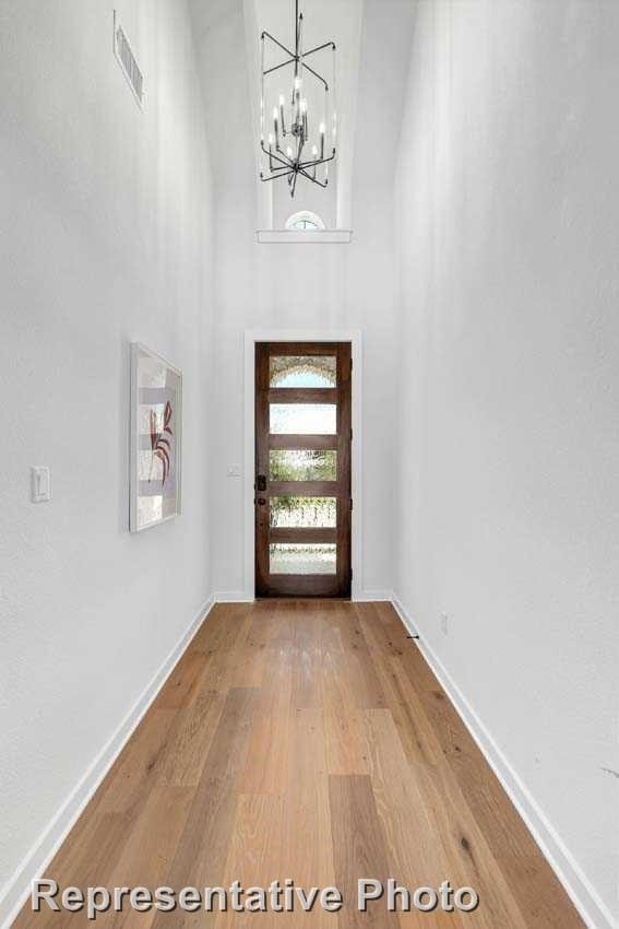 2418 Plumeria, Celina, TX 75009 - foyer entrance featuring wood finished floors, a chandelier, a towering ceiling, and baseboards