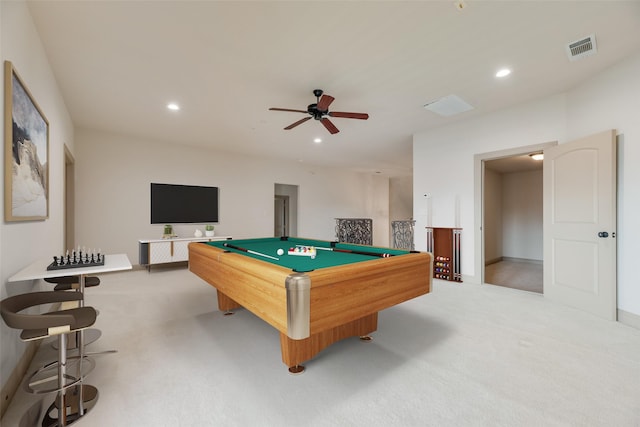 2137 Langdon Dr, Frisco, TX 75033 - recreation room featuring carpet flooring, billiards table, ceiling fan, and recessed lighting