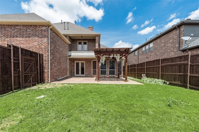 2137 Langdon Dr, Frisco, TX 75033 - back of property with brick siding, french doors, a pergola, a patio, and a chimney