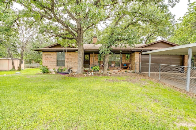 814 Branding Iron Trl, Granbury, TX 76049 - ranch-style house with brick siding, a garage, a chimney, and an outdoor structure