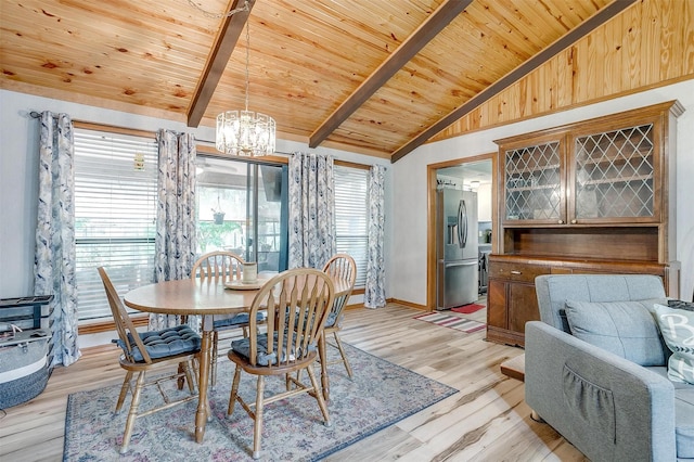 814 Branding Iron Trl, Granbury, TX 76049 - dining room with wooden ceiling, a chandelier, light wood-style flooring, and baseboards