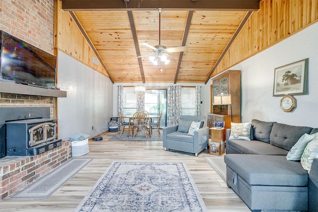 814 Branding Iron Trl, Granbury, TX 76049 - living area with wooden ceiling, a wood stove, a ceiling fan, light wood-style floors, and beamed ceiling