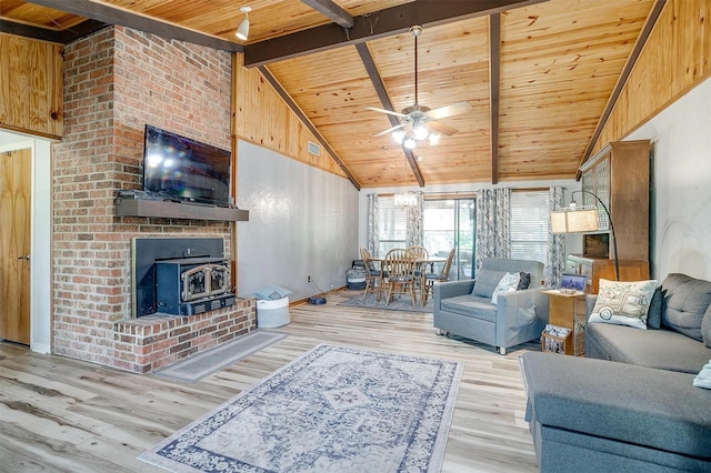 814 Branding Iron Trl, Granbury, TX 76049 - living area featuring wooden ceiling, light wood finished floors, a ceiling fan, beam ceiling, and a wood stove