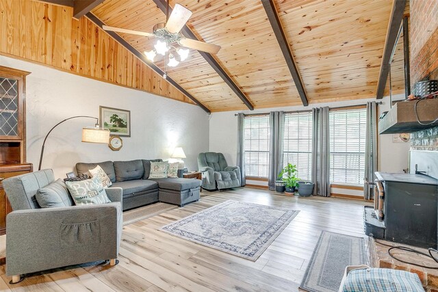 814 Branding Iron Trl, Granbury, TX 76049 - living area with wood ceiling, a wood stove, ceiling fan, and light wood-style flooring