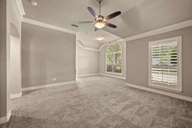 904 Blue Jay Ln, Coppell, TX 75019 - carpeted empty room featuring plenty of natural light, a ceiling fan, crown molding, baseboards, and vaulted ceiling