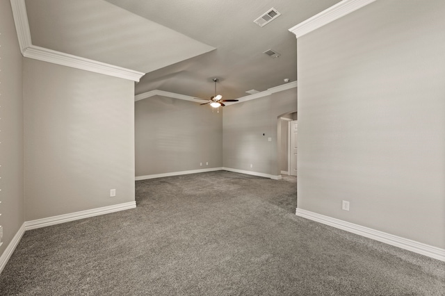 904 Blue Jay Ln, Coppell, TX 75019 - unfurnished room featuring carpet floors, a ceiling fan, ornamental molding, baseboards, and lofted ceiling