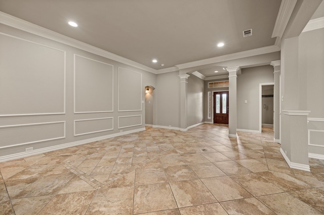 904 Blue Jay Ln, Coppell, TX 75019 - empty room with ornate columns, ornamental molding, a decorative wall, recessed lighting, and light stone finish floors