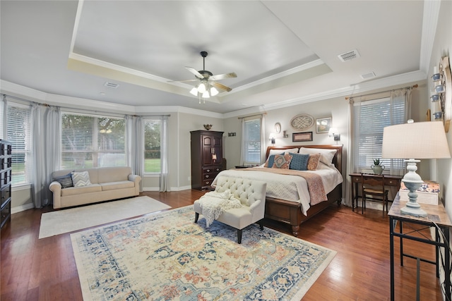 4019 Brooks Ct, Highland Village, TX 76226 - bedroom with a raised ceiling, ornamental molding, wood finished floors, and ceiling fan