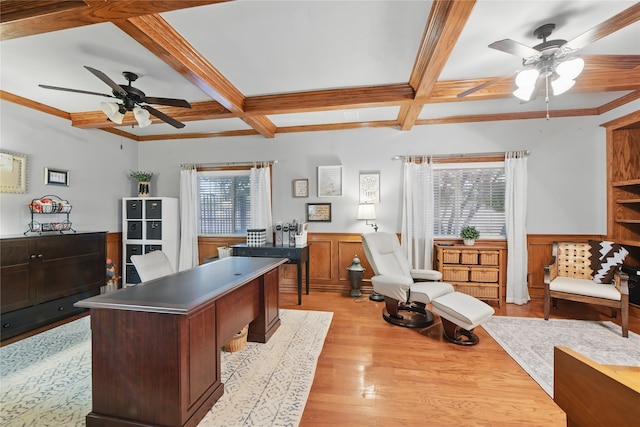 4019 Brooks Ct, Highland Village, TX 76226 - home office with ceiling fan, coffered ceiling, a wainscoted wall, light wood-style floors, and beamed ceiling