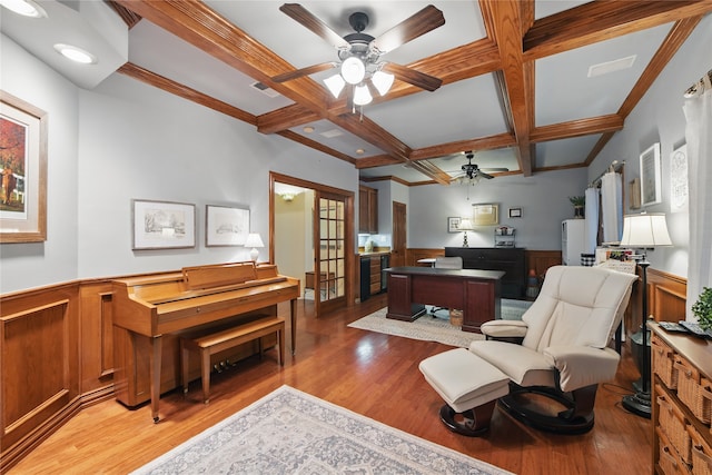 4019 Brooks Ct, Highland Village, TX 76226 - living room featuring ceiling fan, coffered ceiling, light wood-style flooring, beam ceiling, and wainscoting