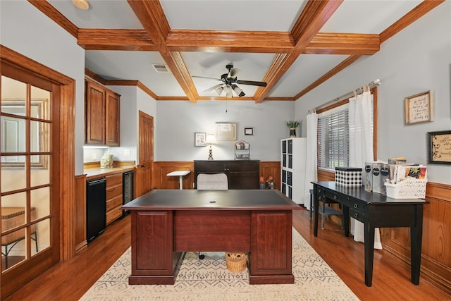 4019 Brooks Ct, Highland Village, TX 76226 - office featuring coffered ceiling, wood finished floors, beverage cooler, ceiling fan, and wainscoting