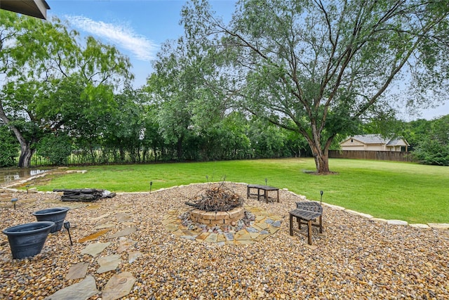 4019 Brooks Ct, Highland Village, TX 76226 - view of green lawn with an outdoor fire pit and view of scattered trees