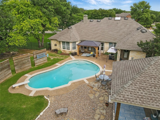 4019 Brooks Ct, Highland Village, TX 76226 - view of pool with a gazebo, a patio area, fence, and a diving board