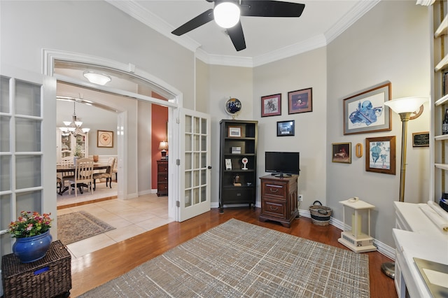 4019 Brooks Ct, Highland Village, TX 76226 - home office with french doors, wood finished floors, crown molding, a chandelier, and ceiling fan