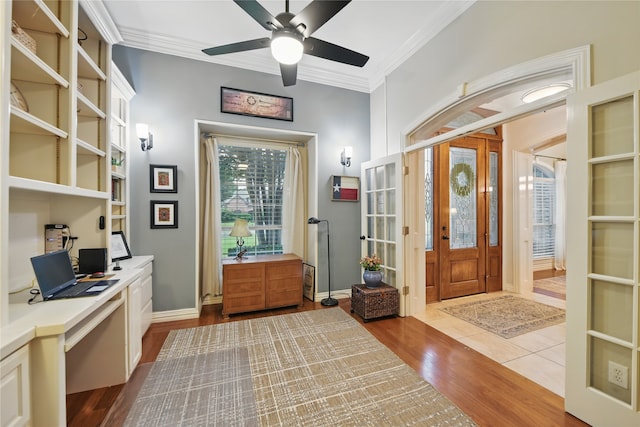 4019 Brooks Ct, Highland Village, TX 76226 - foyer entrance with crown molding, dark wood-style floors, a ceiling fan, and baseboards
