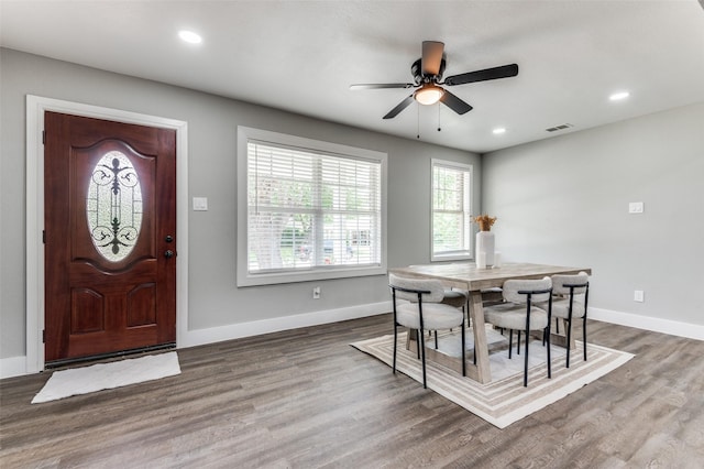 437 22nd St, Grand Prairie, TX 75050 - dining space featuring wood finished floors, a ceiling fan, baseboards, and recessed lighting