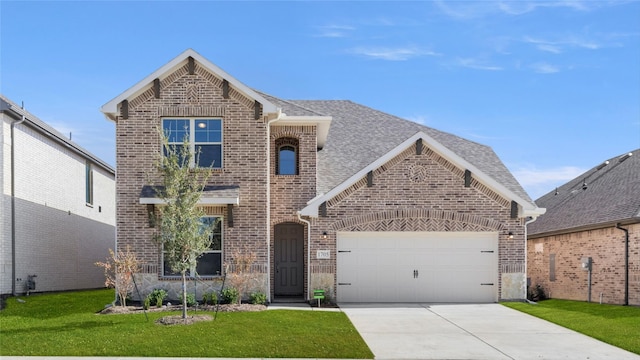 traditional-style home with brick siding, driveway, an attached garage, a front yard, and roof with shingles