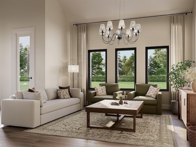 sunroom / solarium featuring healthy amount of natural light, a chandelier, and lofted ceiling