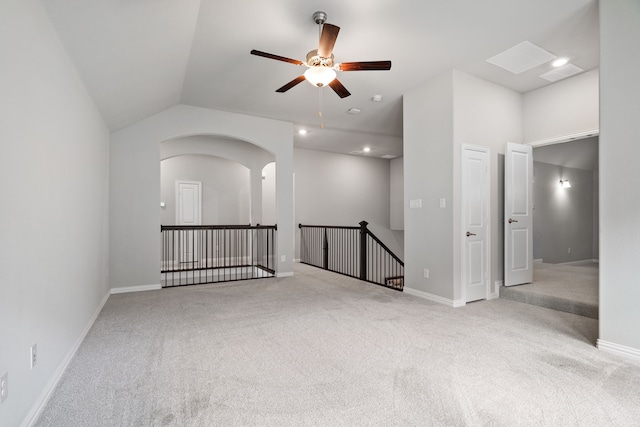 720 Waterbrook Pkwy, Argyle, TX 76226 - carpeted spare room with a ceiling fan, lofted ceiling, baseboards, and arched walkways