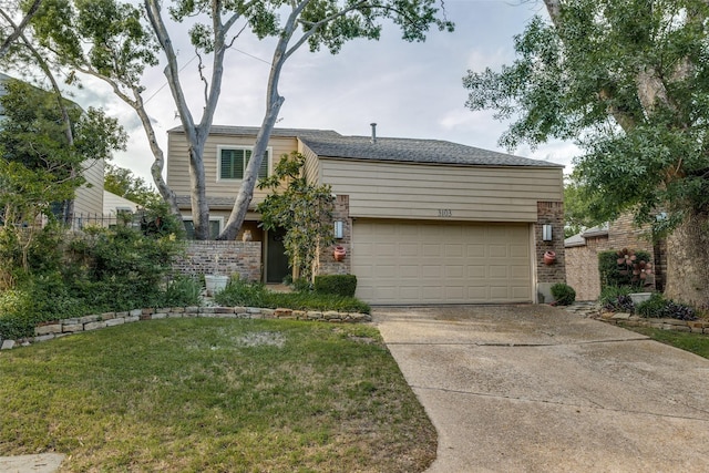 view of front of property with concrete driveway, an attached garage, brick siding, and a front lawn