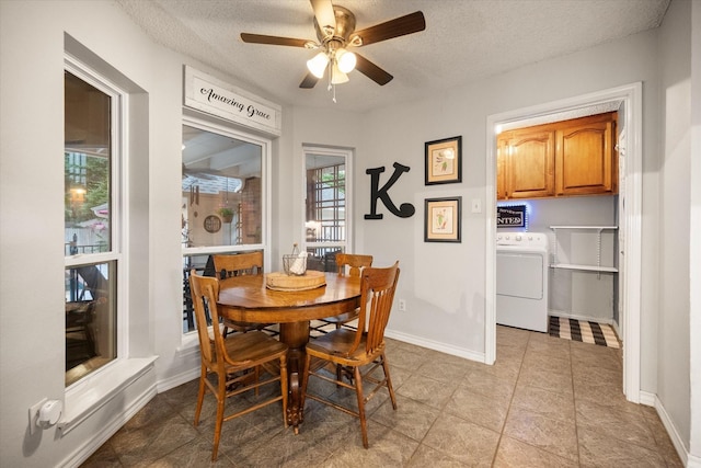 2608 Rivercrest Dr, Arlington, TX 76006 - dining space with washer / dryer, a textured ceiling, ceiling fan, and baseboards