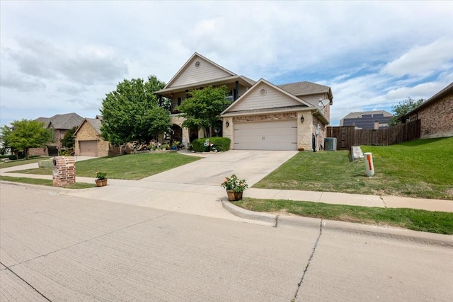 traditional home featuring a garage, concrete driveway, and central AC