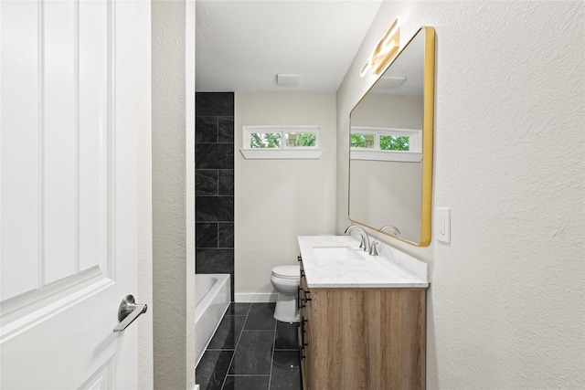 5101 Penrod Ct, River Oaks, TX 76114 - bathroom with vanity, toilet, a textured wall, tile patterned floors, and baseboards