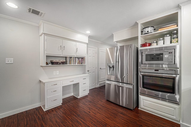 kitchen featuring appliances with stainless steel finishes, open shelves, crown molding, white cabinets, and dark wood-style floors