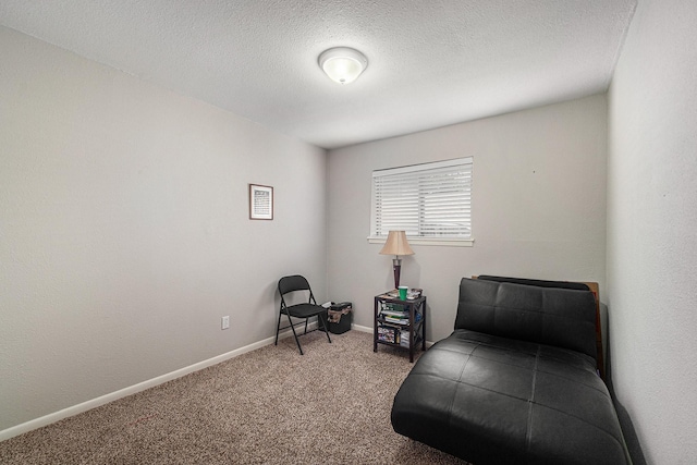 sitting room featuring carpet flooring, a textured ceiling, and baseboards